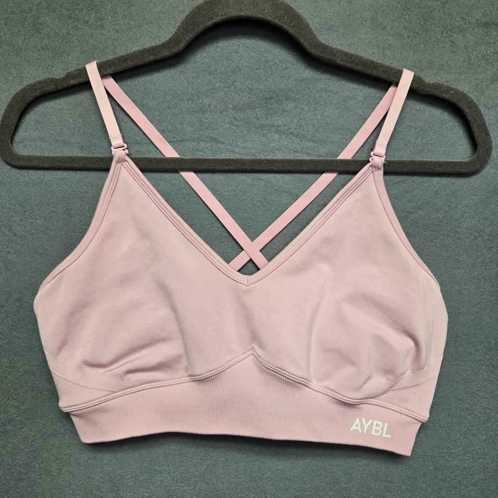 AYBL Adapt Seamless Sports Bra Womens L Pink V-Neck Cross Back Ribbed Workout